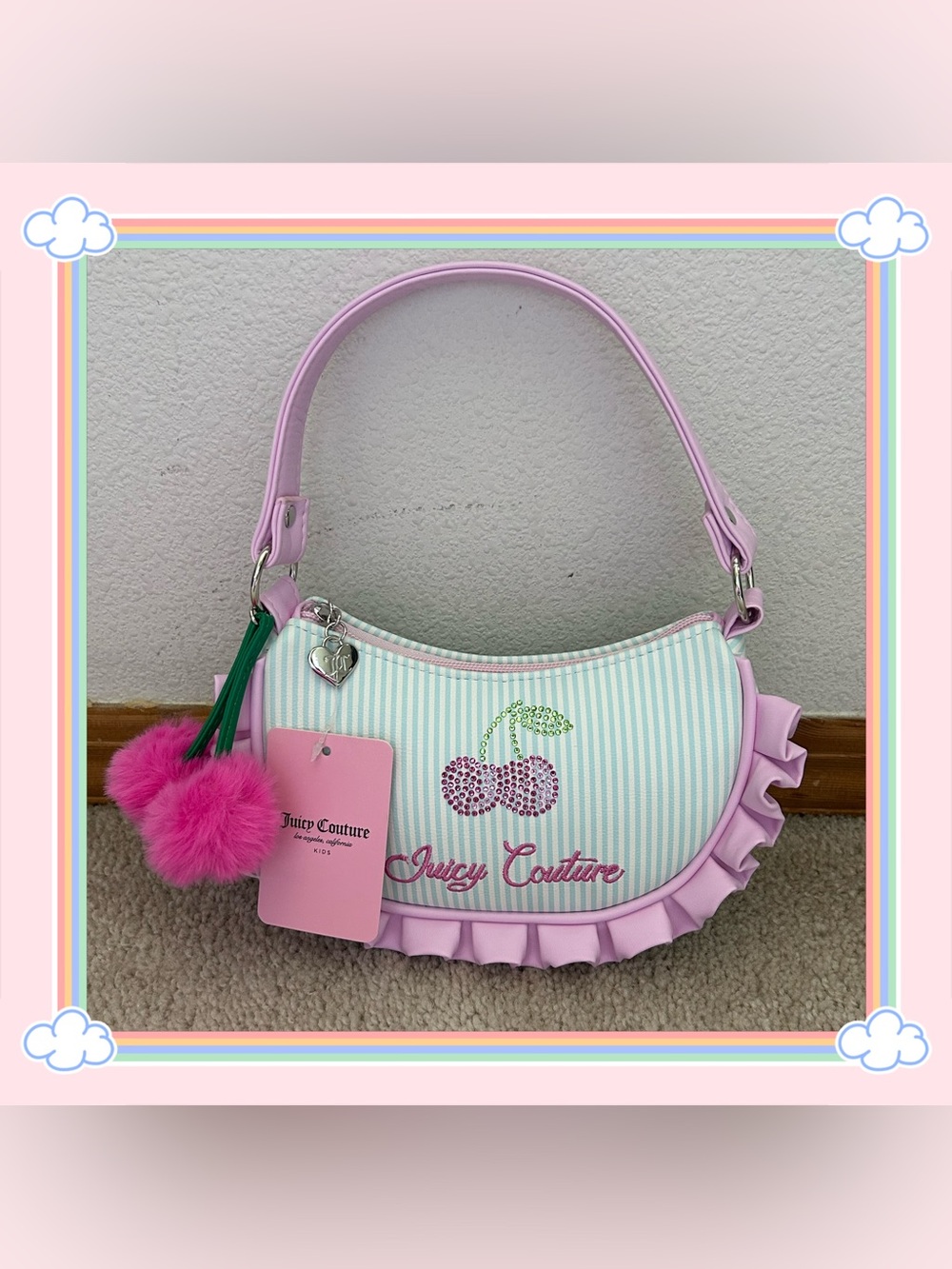 Juicy Couture Kids Cherry Ruffle Trim Pom Pom Charm Mini Bag OS NWT Y2K Retro